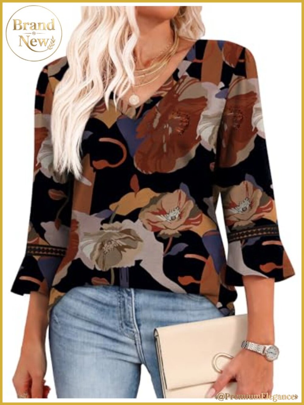Women's 3/4 Sleeve V-Neck Blouse Tunic Top Casual Loose Fit